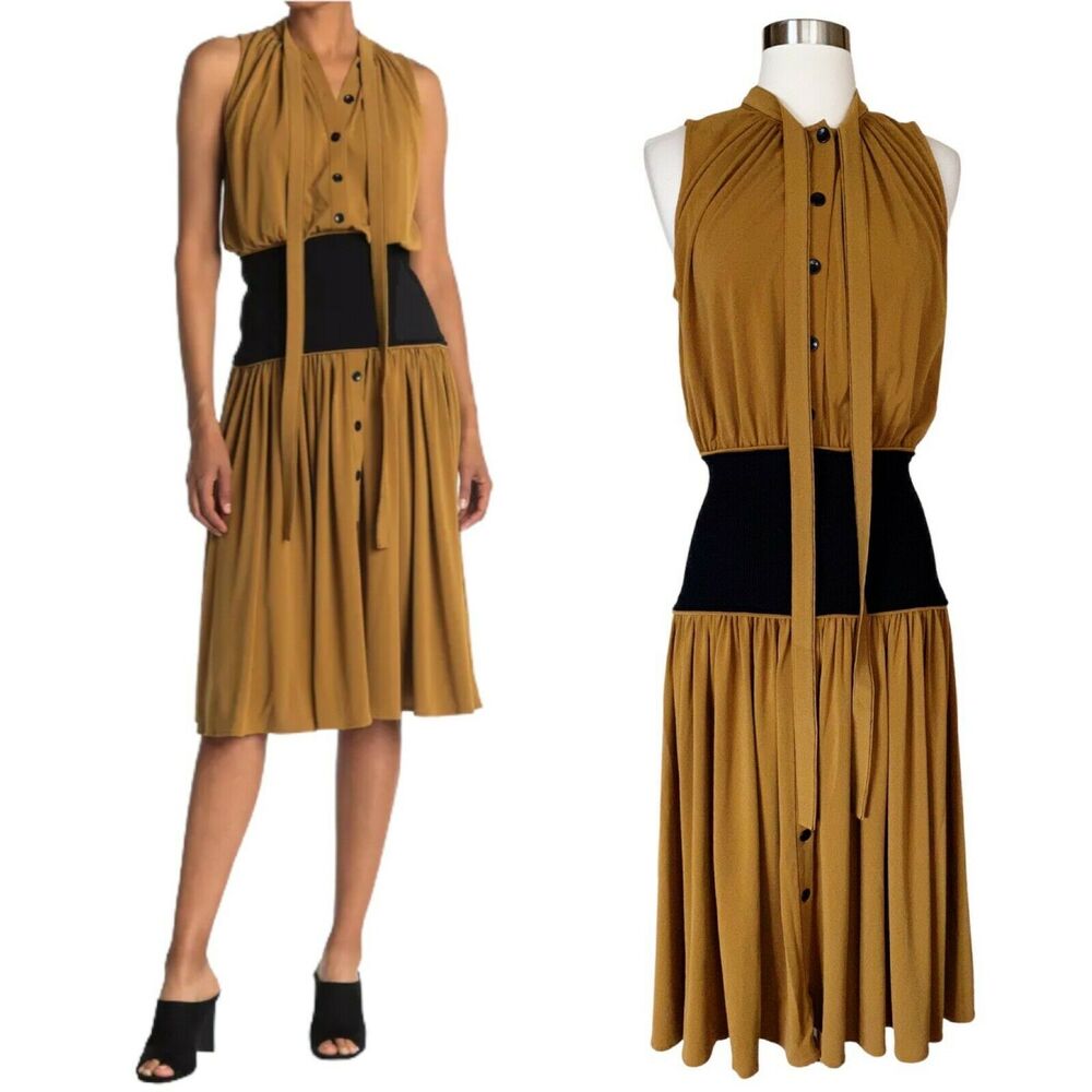 PROENZA SCHOULER Button Down Dress Knit Waistband Belt Brown Black Tie 4 NWT